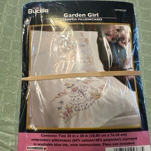 Bucilla Stamped Embroidery "Garden Girl" Flower Pillowcases Kit WM45367 W/Floss